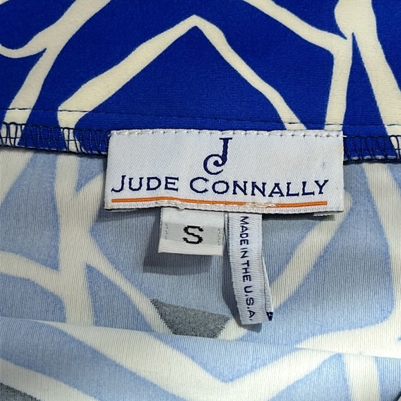 Jude Connally boat neck dress.  Geometric print in blue, white and black. Small - Picture 3 of 10